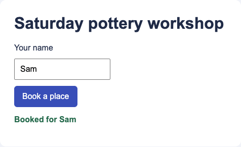 Screenshot from the Playwright test showing the workshop booking form and the confirmation Booked for Sam