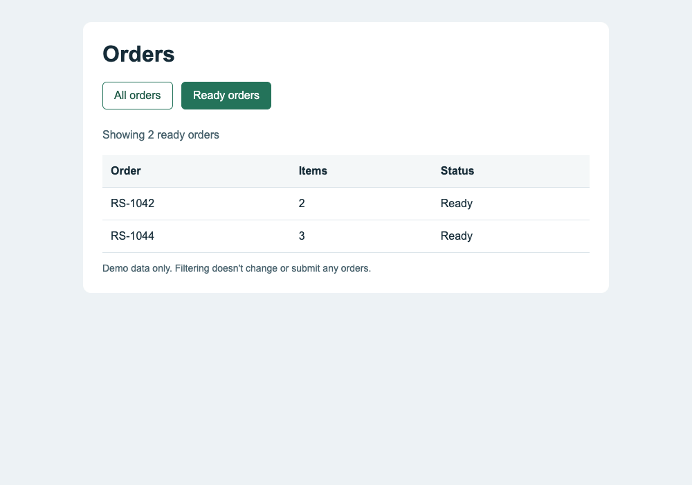 The local dashboard after Chrome DevTools MCP clicked Ready orders, showing only orders RS-1042 and RS-1044